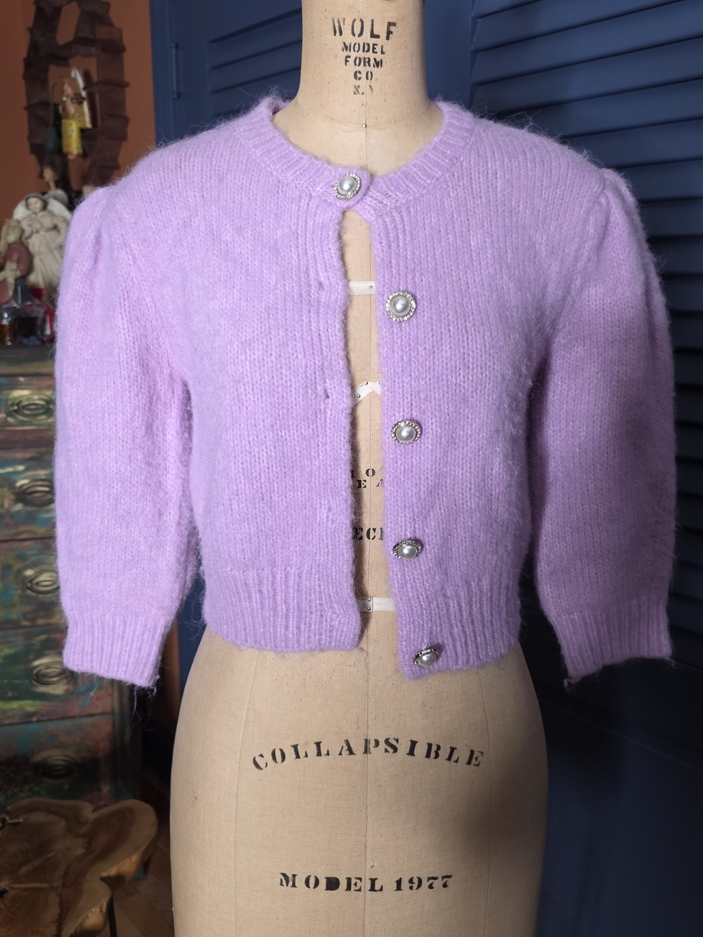 Zara Lilac Cropped Fuzzy Cardigan with Pearl Buttons